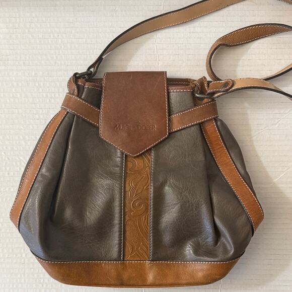 Muigi-Doer Two Tone Brown Leather Shoulder Bag Western Boho Vintage Style Purse - Picture 1 of 14
